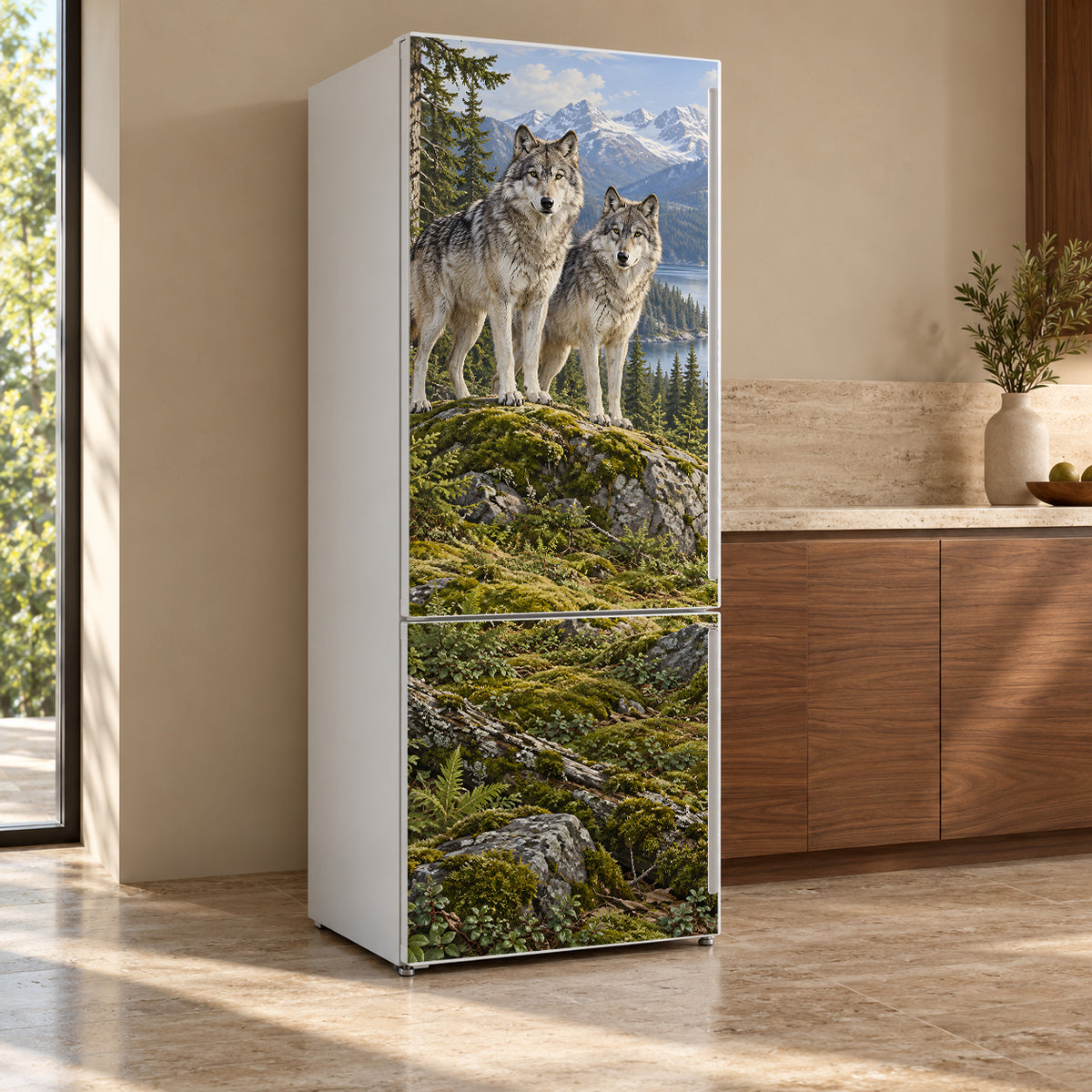 Mountain Wolves fridge wrap, refrigerator shown at an angle