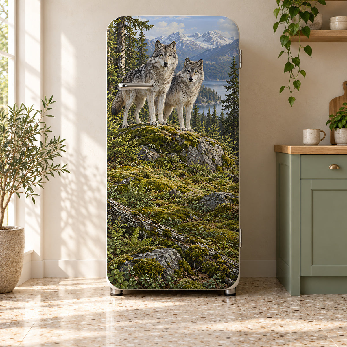 Mountain Wolves fridge wrap on a retro refrigerator