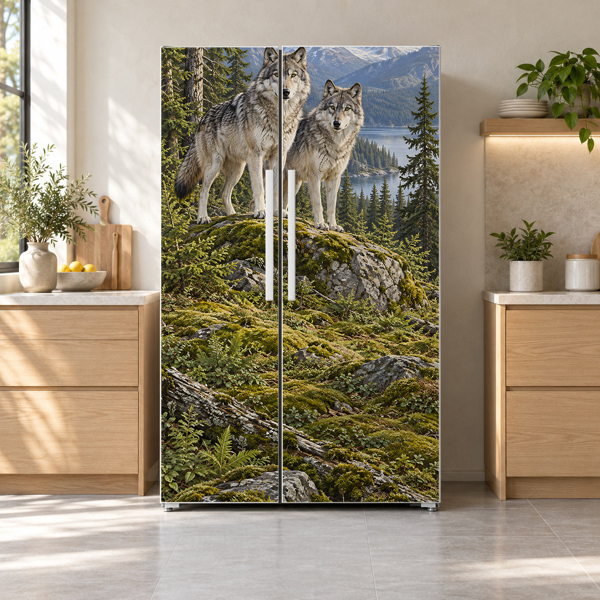 Mountain Wolves fridge wrap on a side-by-side refrigerator