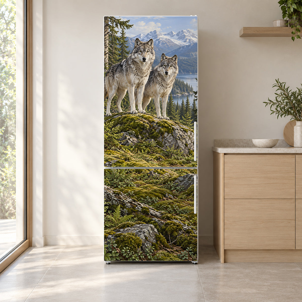 Mountain Wolves fridge wrap on a white refrigerator in a bright kitchen