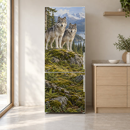 Mountain Wolves fridge wrap on a white refrigerator in a bright kitchen