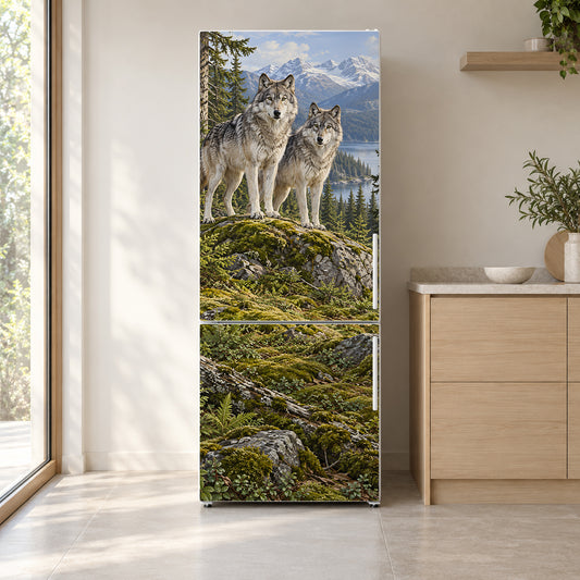 Mountain Wolves fridge wrap on a white refrigerator in a bright kitchen