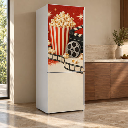 Movie Night Popcorn fridge wrap, refrigerator shown at an angle