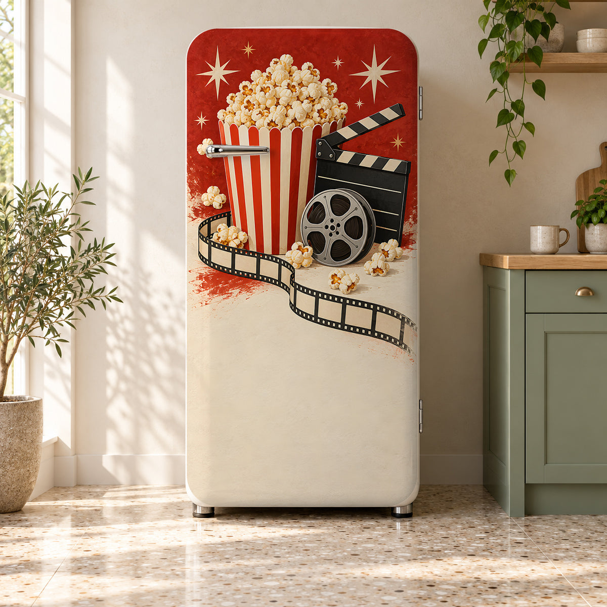 Movie Night Popcorn fridge wrap on a retro refrigerator