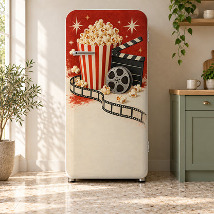 Movie Night Popcorn fridge wrap on a retro refrigerator