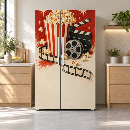 Movie Night Popcorn fridge wrap on a side-by-side refrigerator
