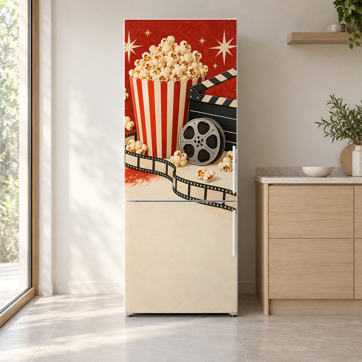 Movie Night Popcorn fridge wrap on a white refrigerator in a bright kitchen