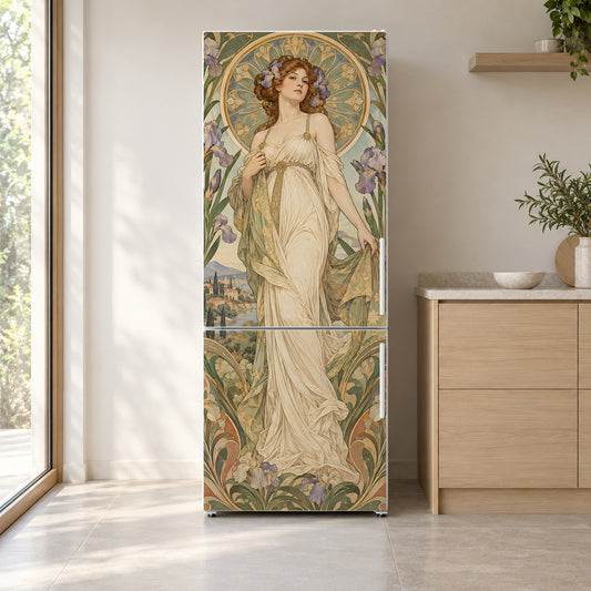 Mucha Inspired Art Nouveau fridge wrap on a white refrigerator in a bright kitchen