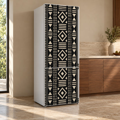 Mudcloth Pattern fridge wrap, refrigerator shown at an angle