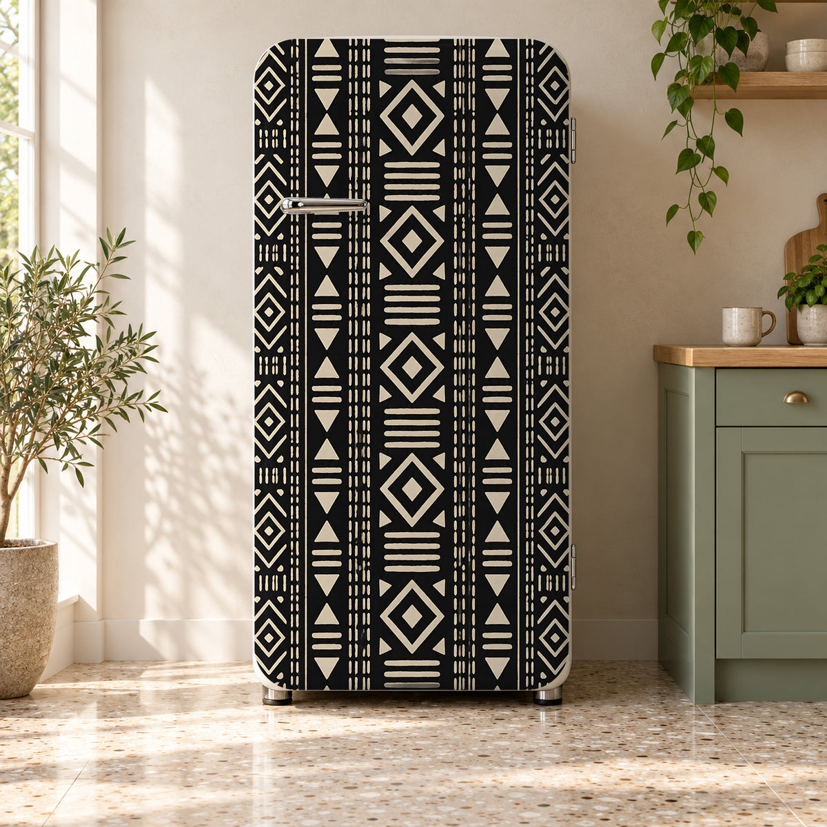 Mudcloth Pattern fridge wrap on a retro refrigerator