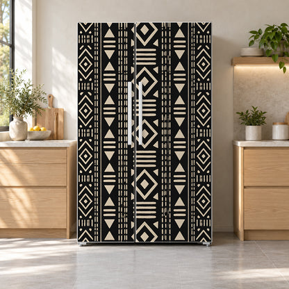 Mudcloth Pattern fridge wrap on a side-by-side refrigerator