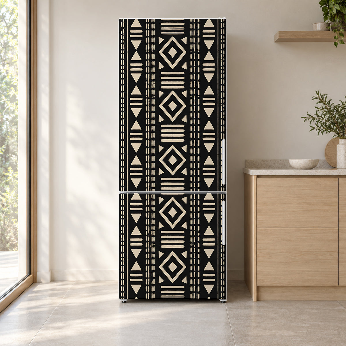 Mudcloth Pattern fridge wrap on a white refrigerator in a bright kitchen