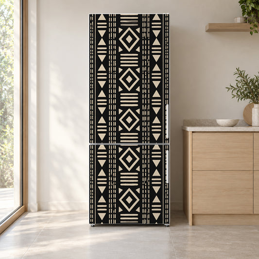 Mudcloth Pattern fridge wrap on a white refrigerator in a bright kitchen