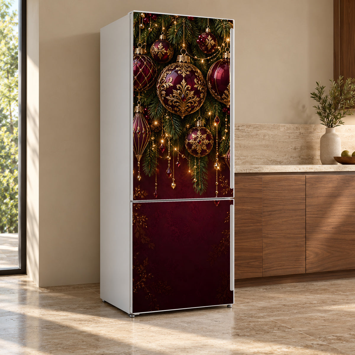 Mulberry & Gold Christmas Ornaments fridge wrap, refrigerator shown at an angle