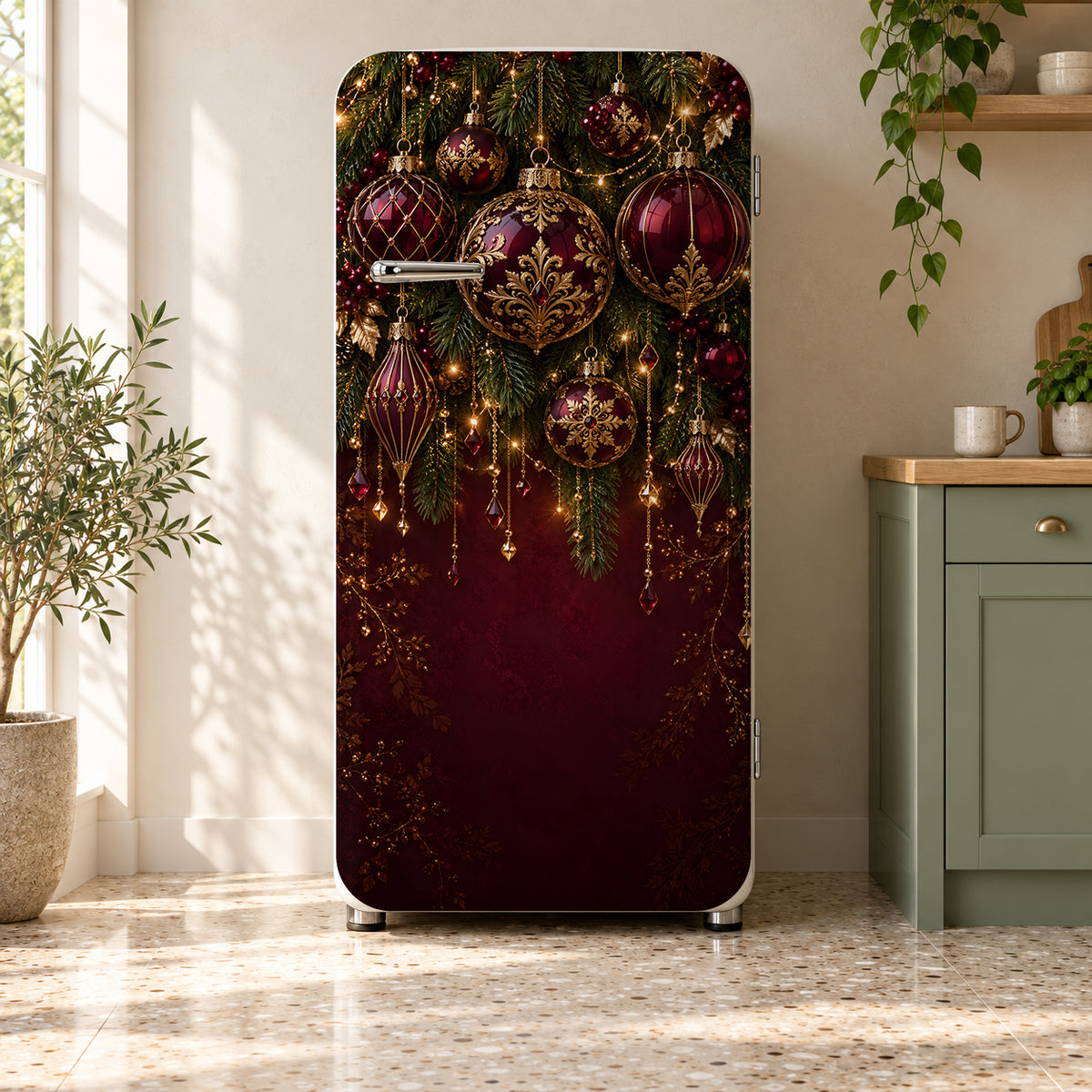 Mulberry & Gold Christmas Ornaments fridge wrap on a retro refrigerator