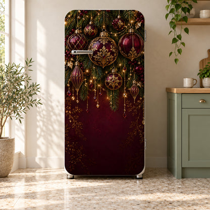 Mulberry & Gold Christmas Ornaments fridge wrap on a retro refrigerator