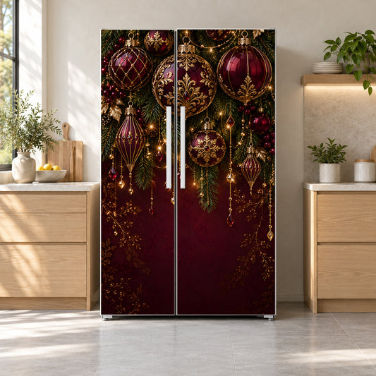Mulberry & Gold Christmas Ornaments fridge wrap on a side-by-side refrigerator