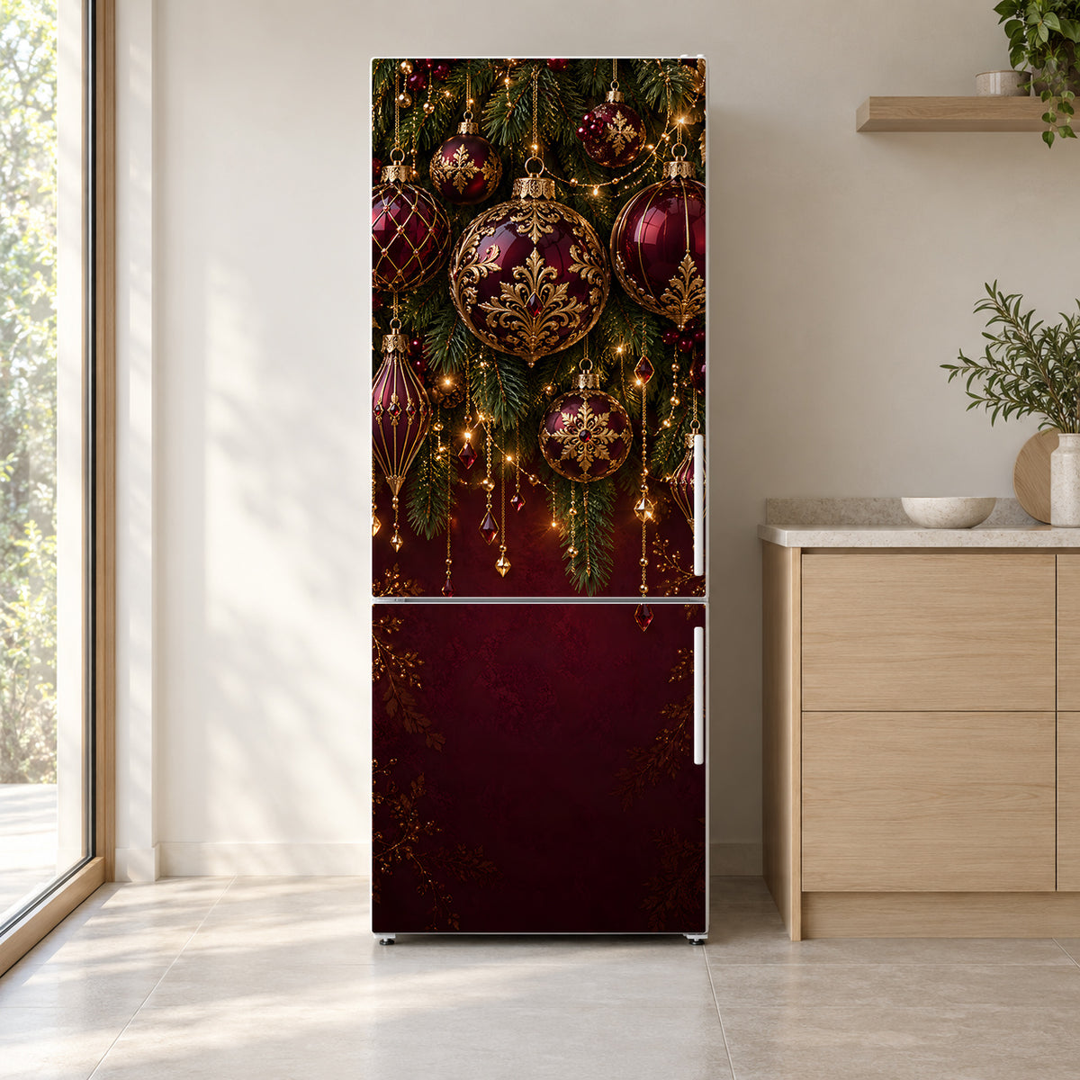 Mulberry & Gold Christmas Ornaments fridge wrap on a white refrigerator in a bright kitchen