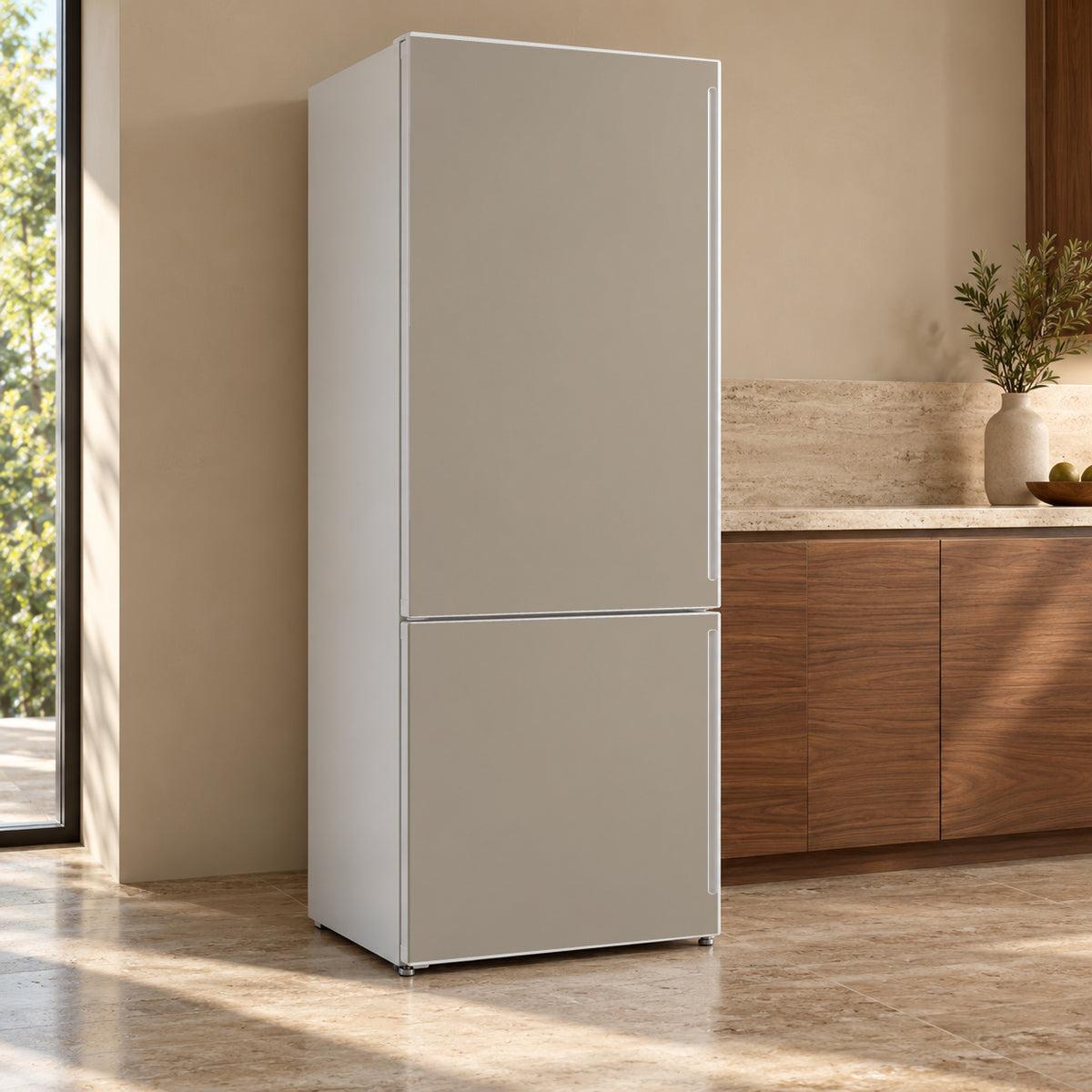 Mushroom Taupe fridge wrap, refrigerator shown at an angle