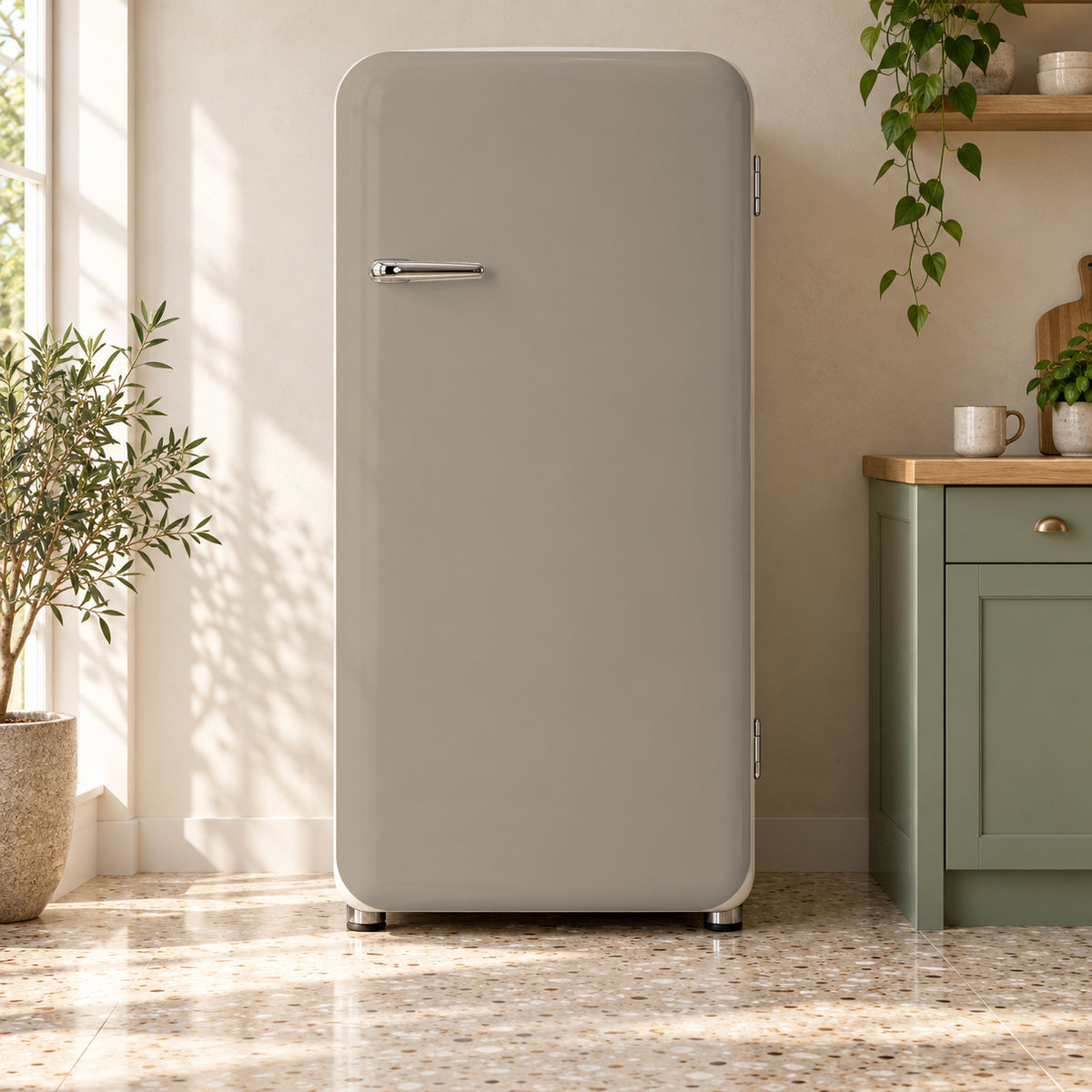 Mushroom Taupe fridge wrap on a retro refrigerator