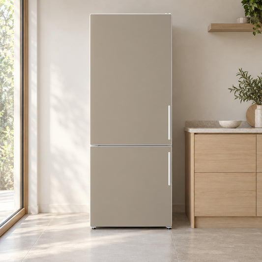 Mushroom Taupe fridge wrap on a white refrigerator in a bright kitchen