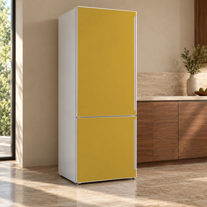 Mustard Yellow fridge wrap, refrigerator shown at an angle