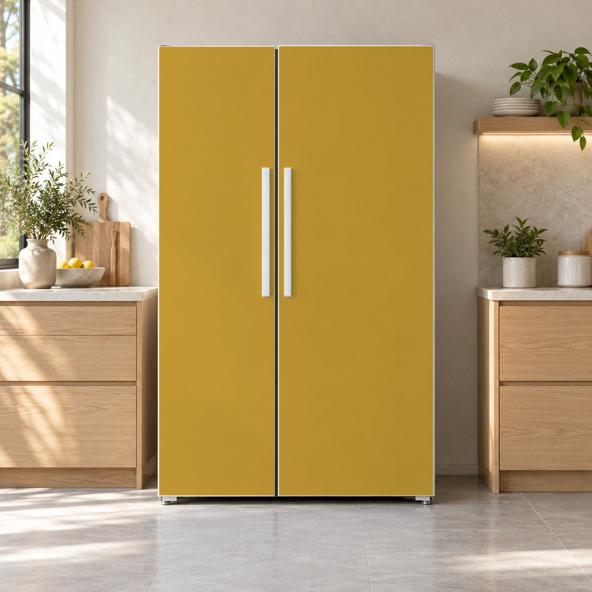 Mustard Yellow fridge wrap on a side-by-side refrigerator