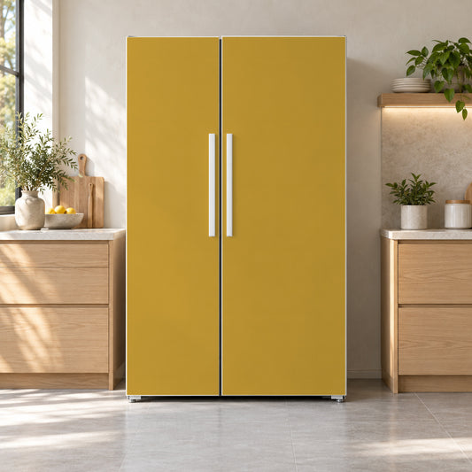 Mustard Yellow fridge wrap on a side-by-side refrigerator
