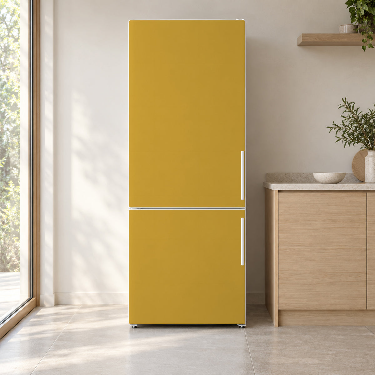 Mustard Yellow fridge wrap on a white refrigerator in a bright kitchen