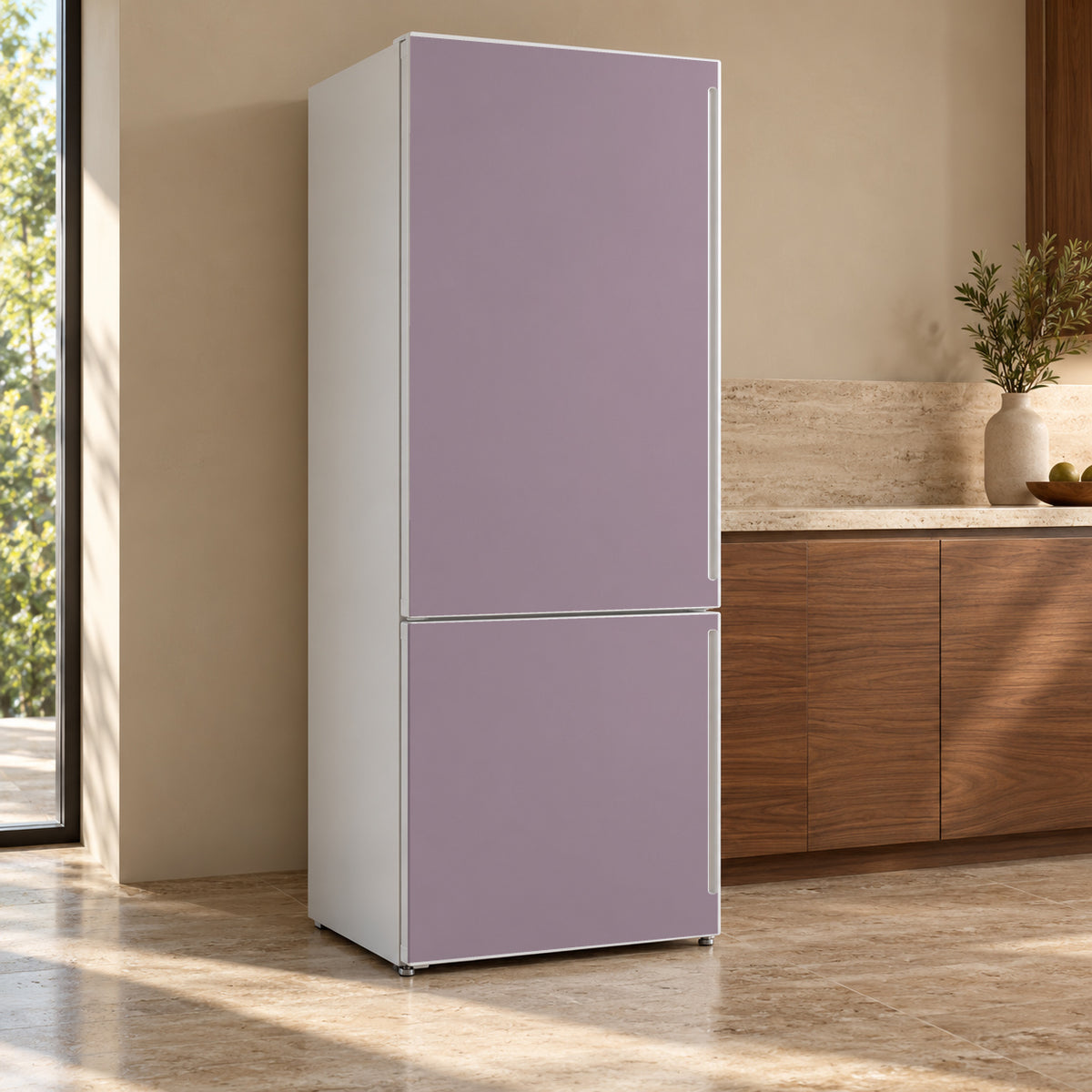 Muted Mauve fridge wrap, refrigerator shown at an angle