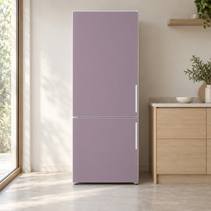 Muted Mauve fridge wrap on a white refrigerator in a bright kitchen