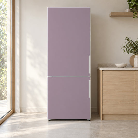 Muted Mauve fridge wrap on a white refrigerator in a bright kitchen