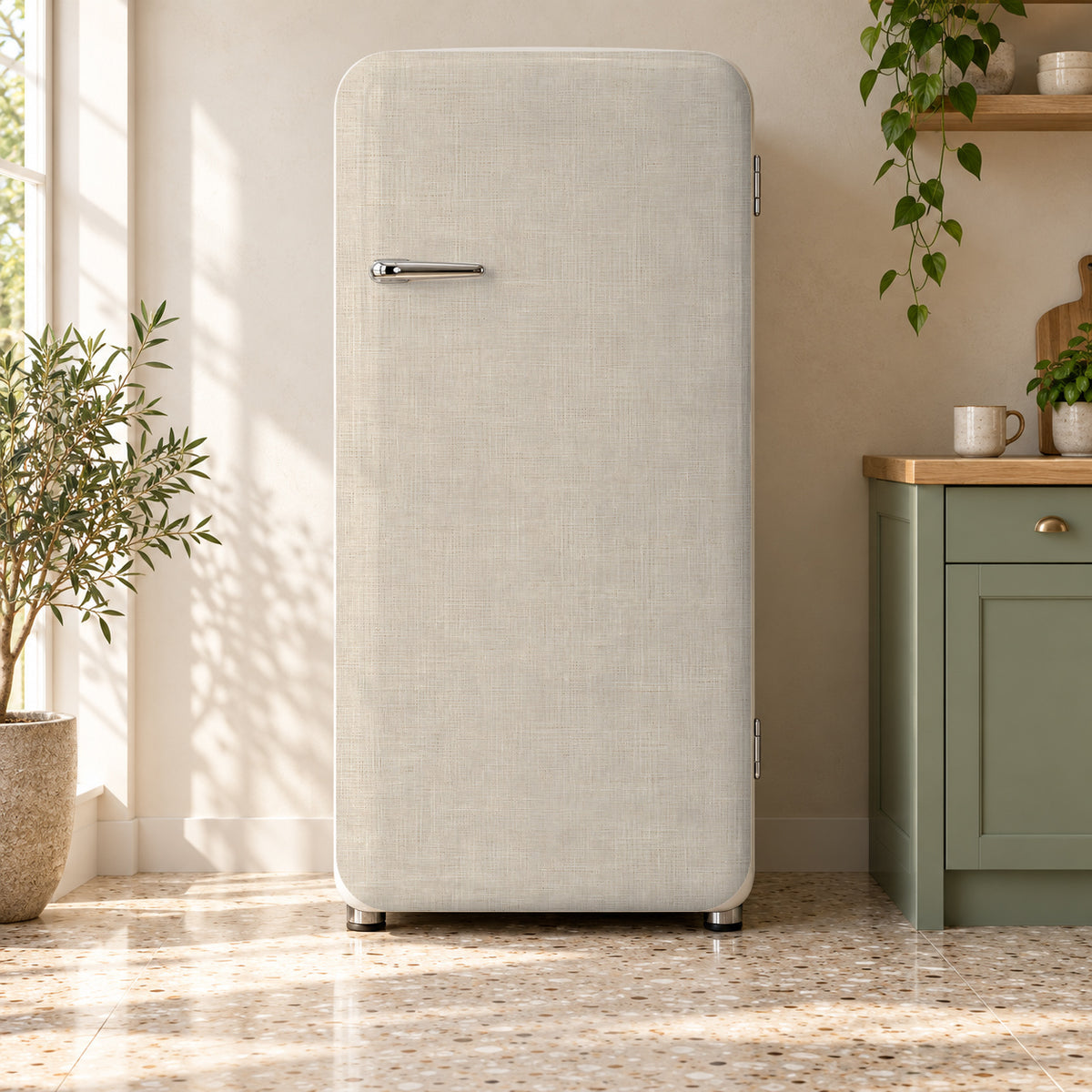 Natural Linen fridge wrap on a retro refrigerator