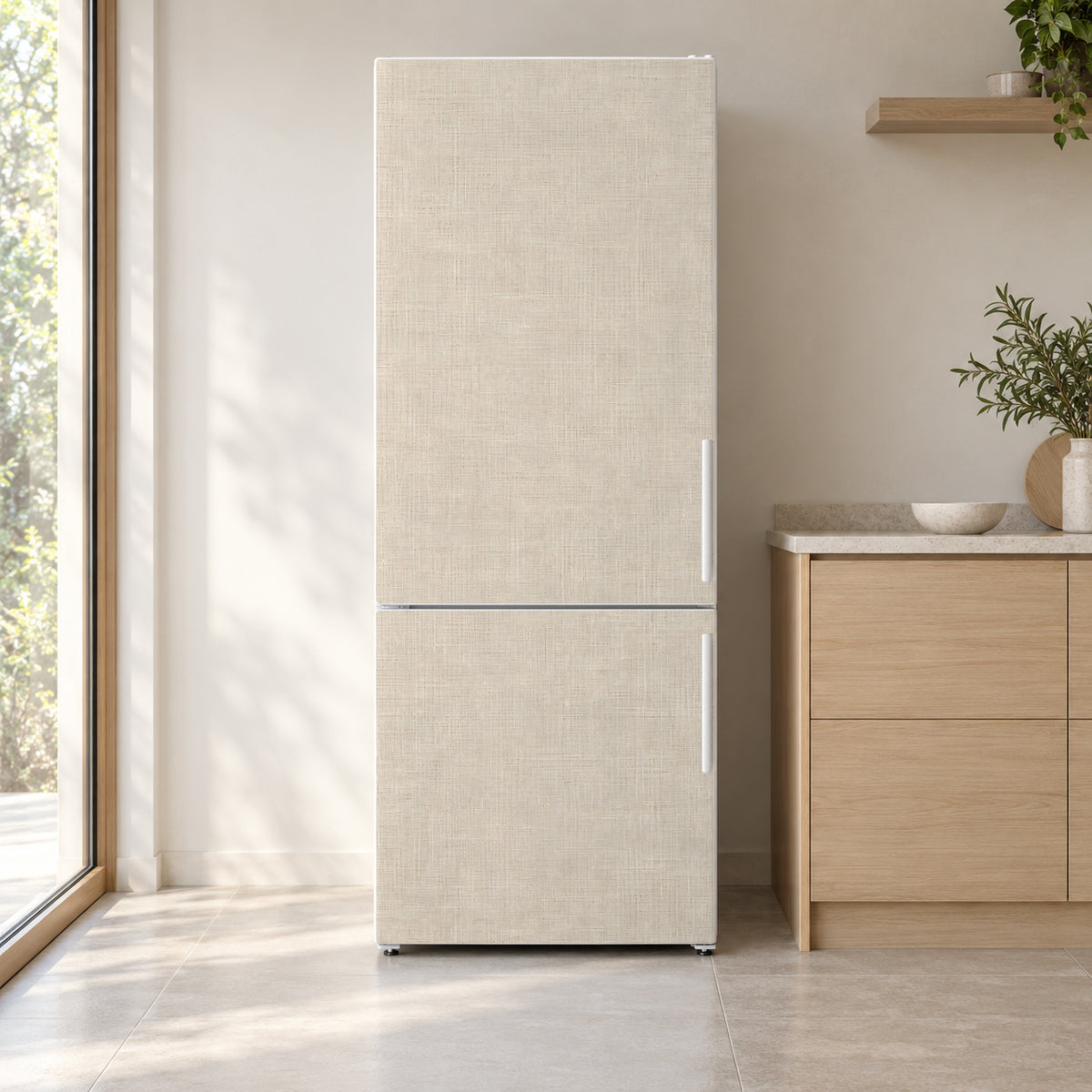 Natural Linen fridge wrap on a white refrigerator in a bright kitchen