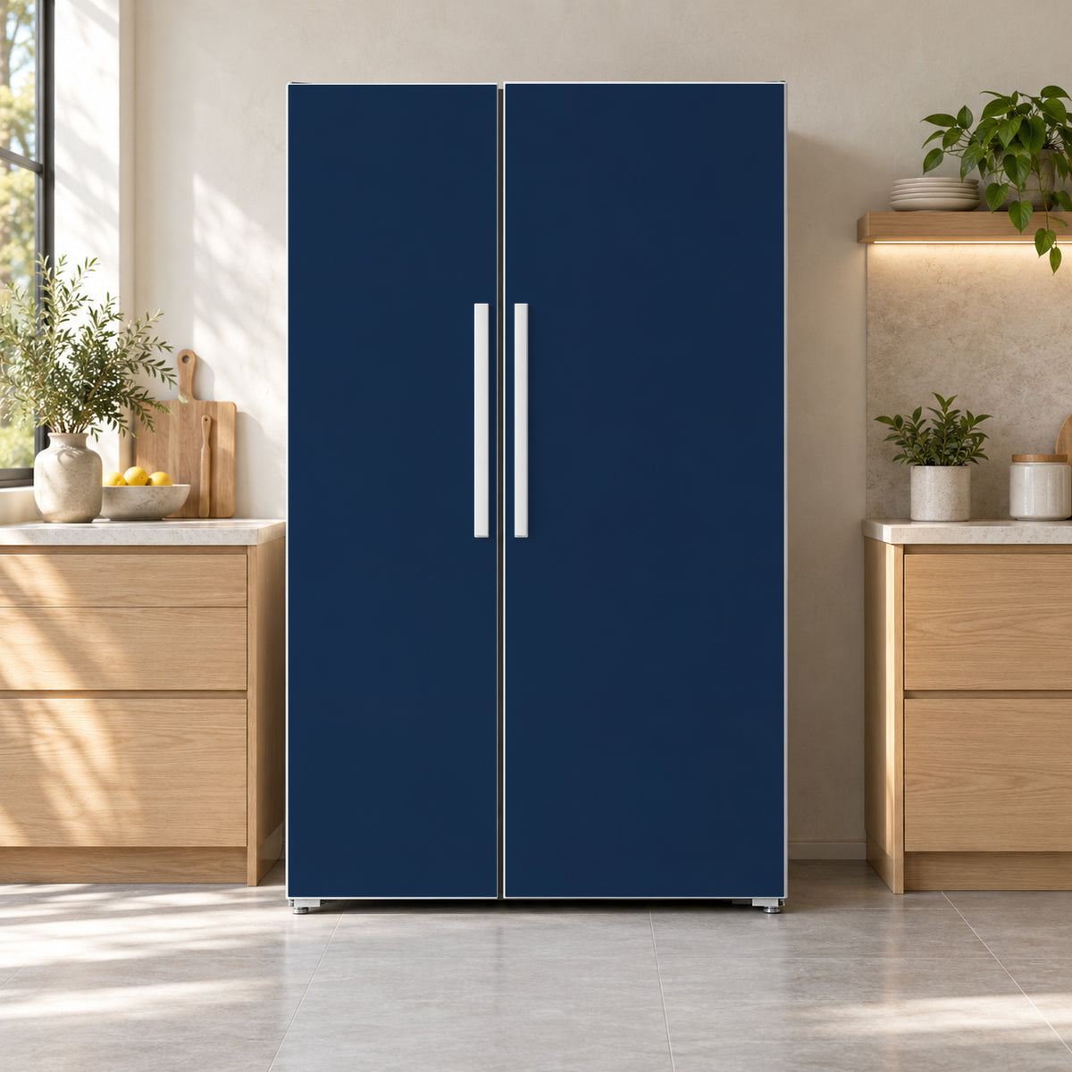 Navy Blue fridge wrap on a side-by-side refrigerator