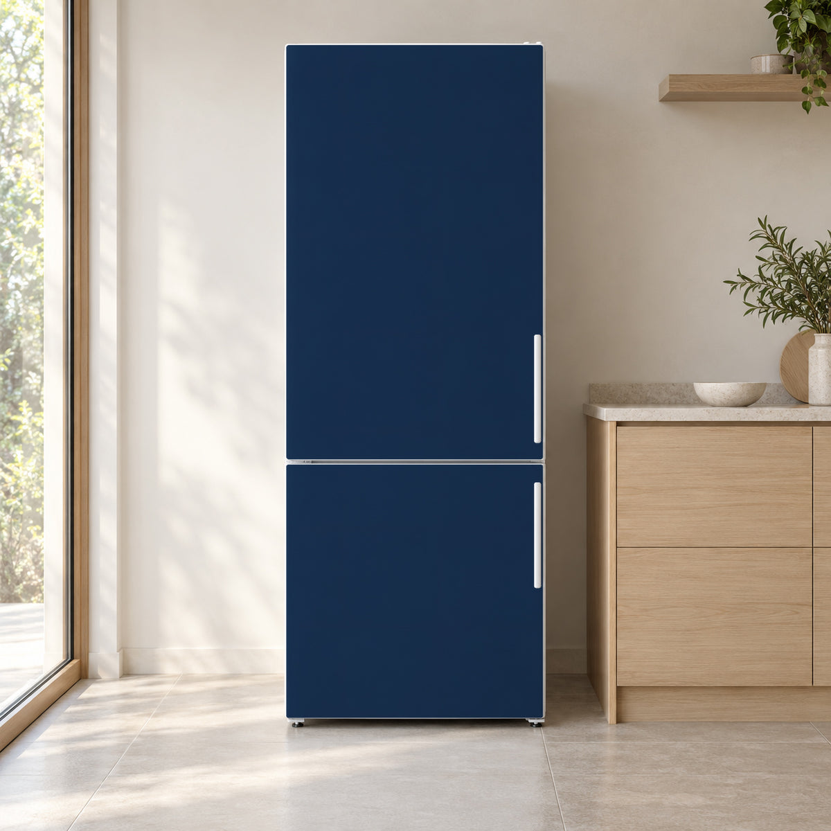 Navy Blue fridge wrap on a white refrigerator in a bright kitchen