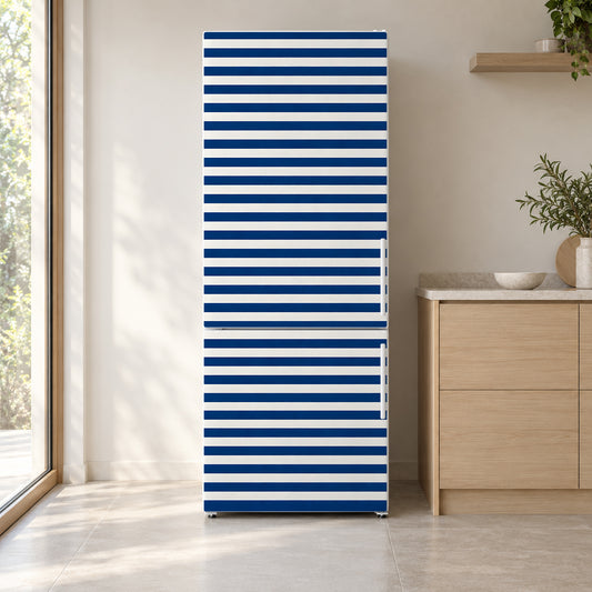 Navy Breton Stripes fridge wrap on a white refrigerator in a bright kitchen