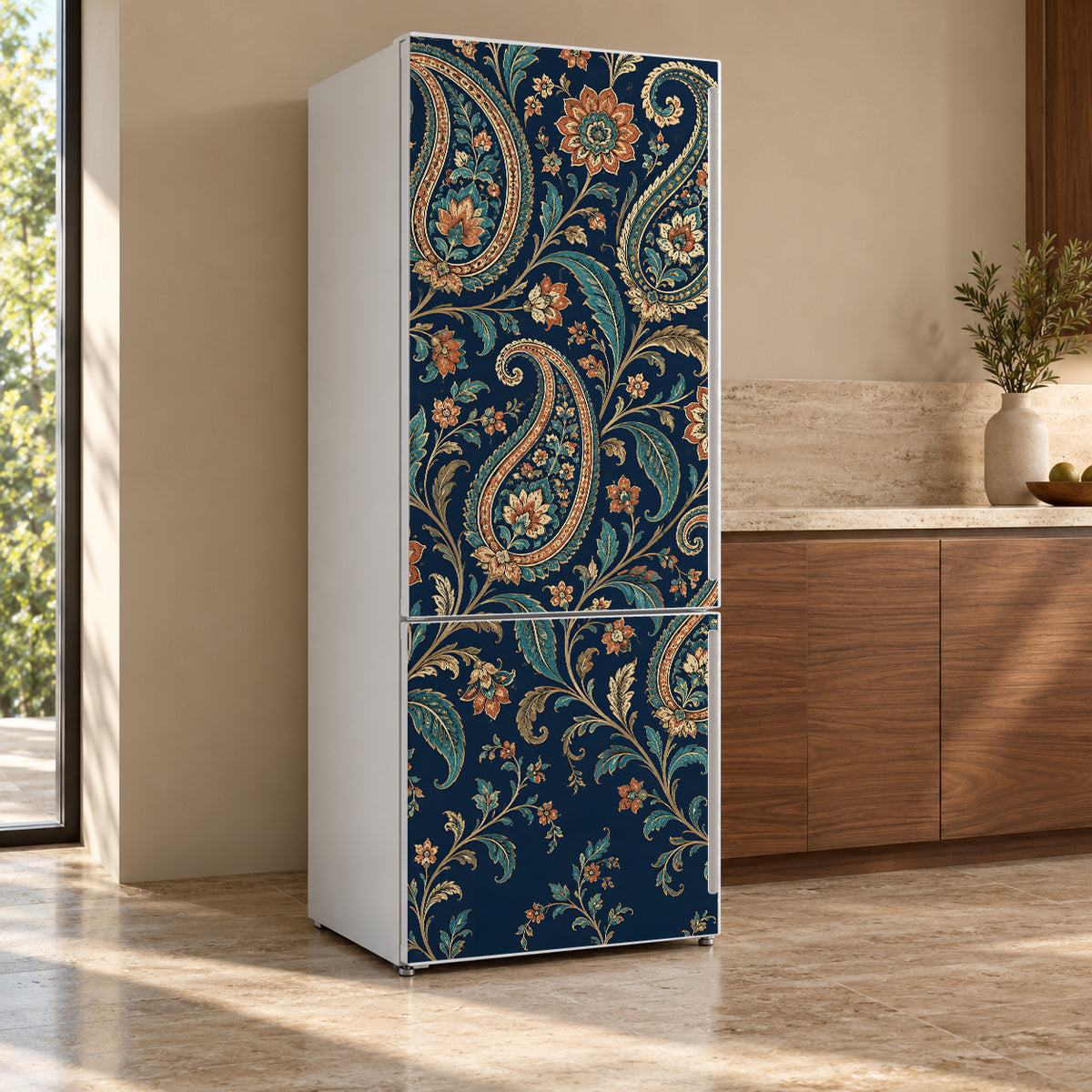 Navy Paisley fridge wrap, refrigerator shown at an angle