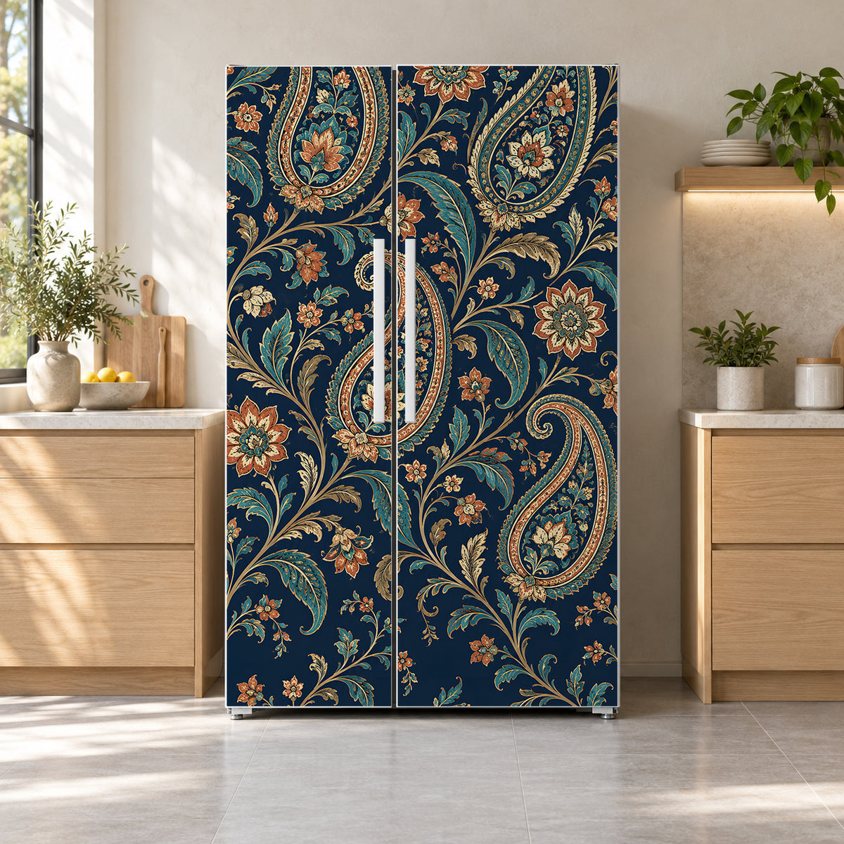 Navy Paisley fridge wrap on a side-by-side refrigerator