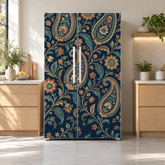 Navy Paisley fridge wrap on a side-by-side refrigerator