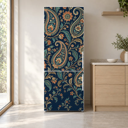 Navy Paisley fridge wrap on a white refrigerator in a bright kitchen