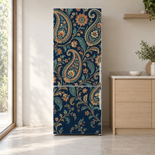 Navy Paisley fridge wrap on a white refrigerator in a bright kitchen
