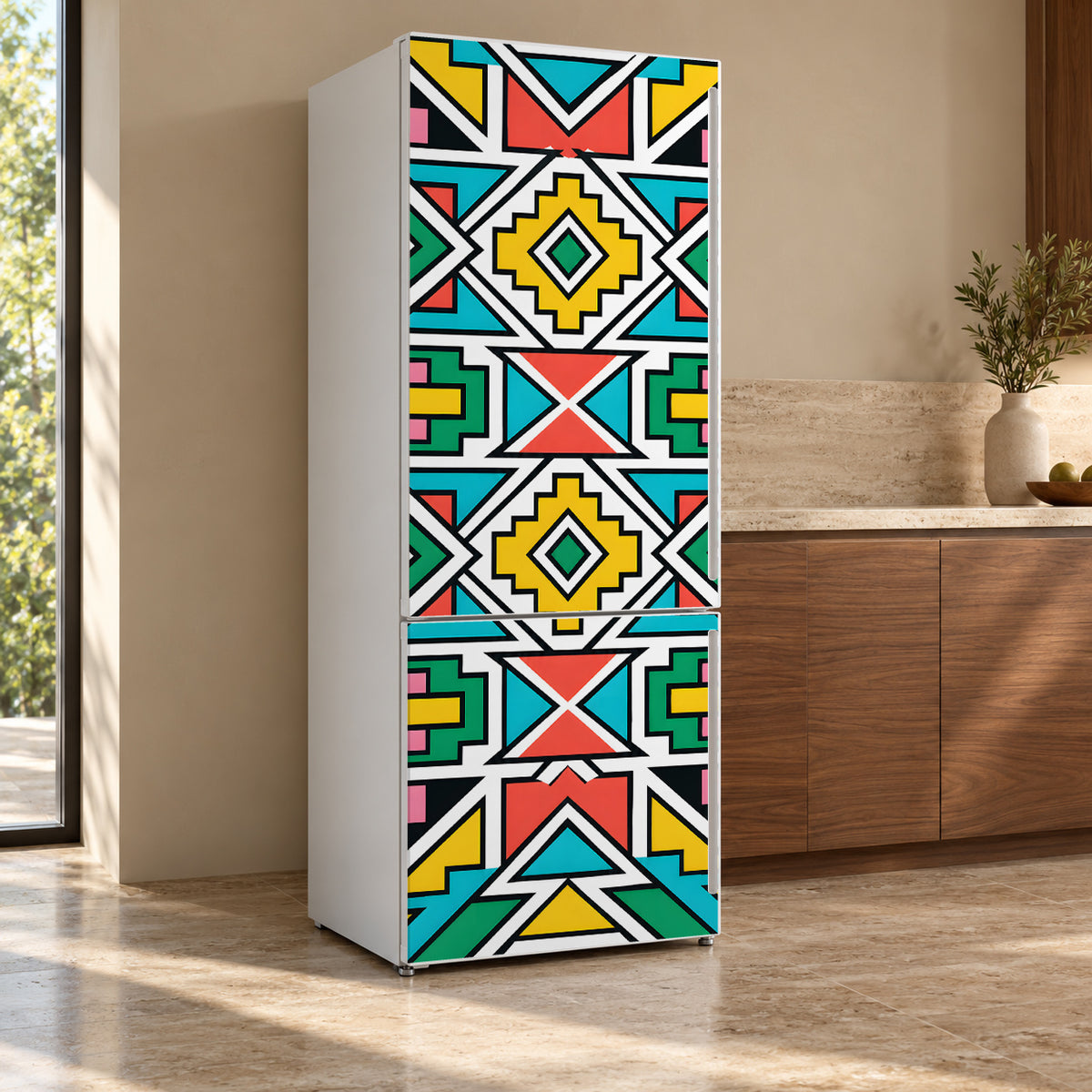 Ndebele Geometric fridge wrap, refrigerator shown at an angle
