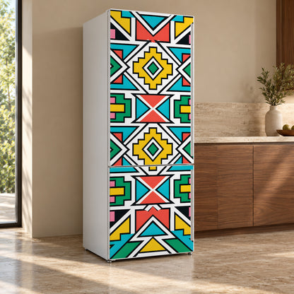 Ndebele Geometric fridge wrap, refrigerator shown at an angle