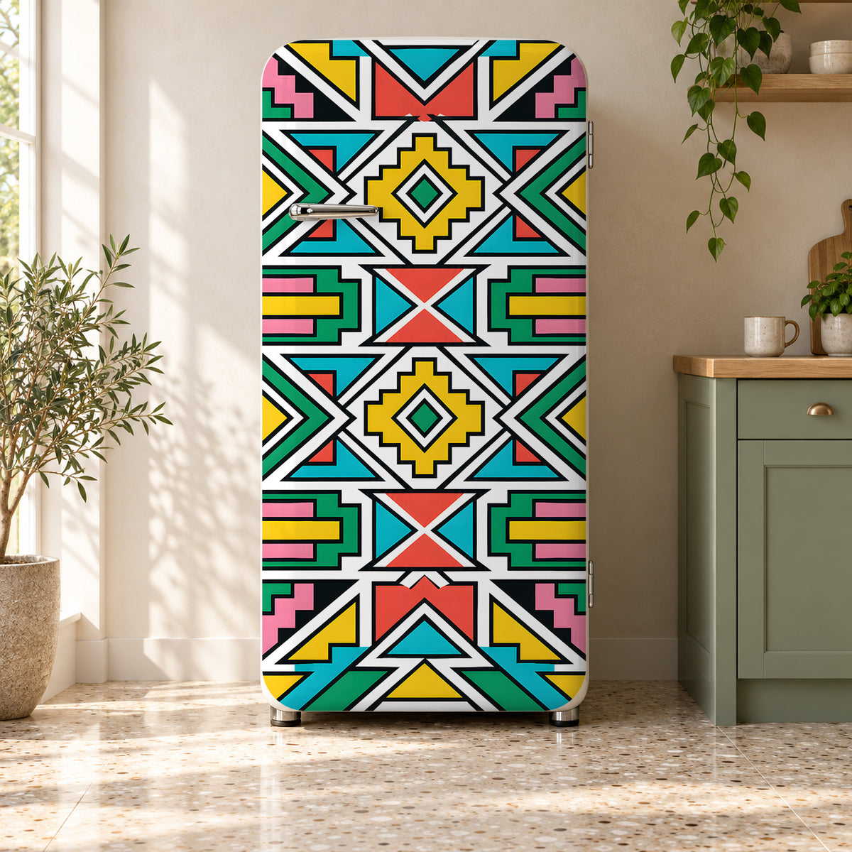Ndebele Geometric fridge wrap on a retro refrigerator