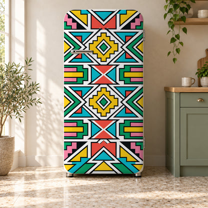 Ndebele Geometric fridge wrap on a retro refrigerator