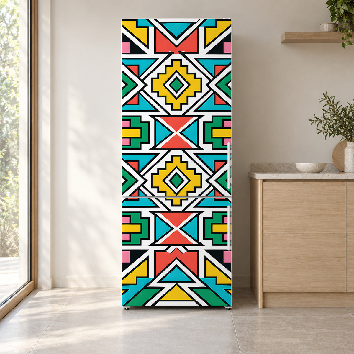 Ndebele Geometric fridge wrap on a white refrigerator in a bright kitchen