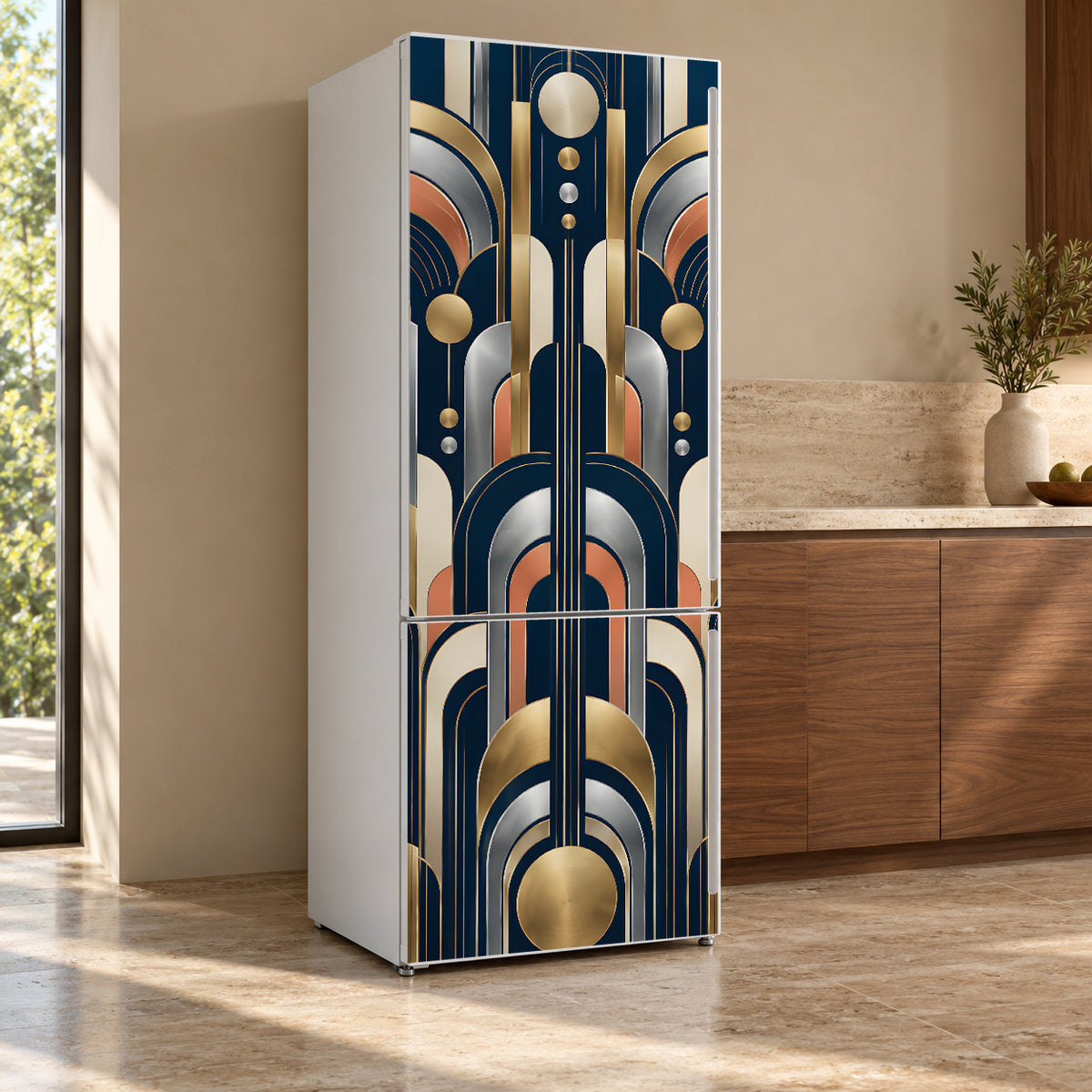 Neo Deco Geometric fridge wrap, refrigerator shown at an angle