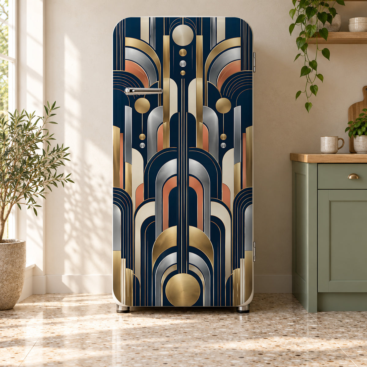 Neo Deco Geometric fridge wrap on a retro refrigerator