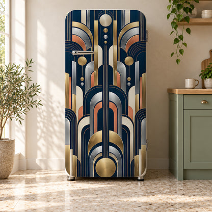 Neo Deco Geometric fridge wrap on a retro refrigerator